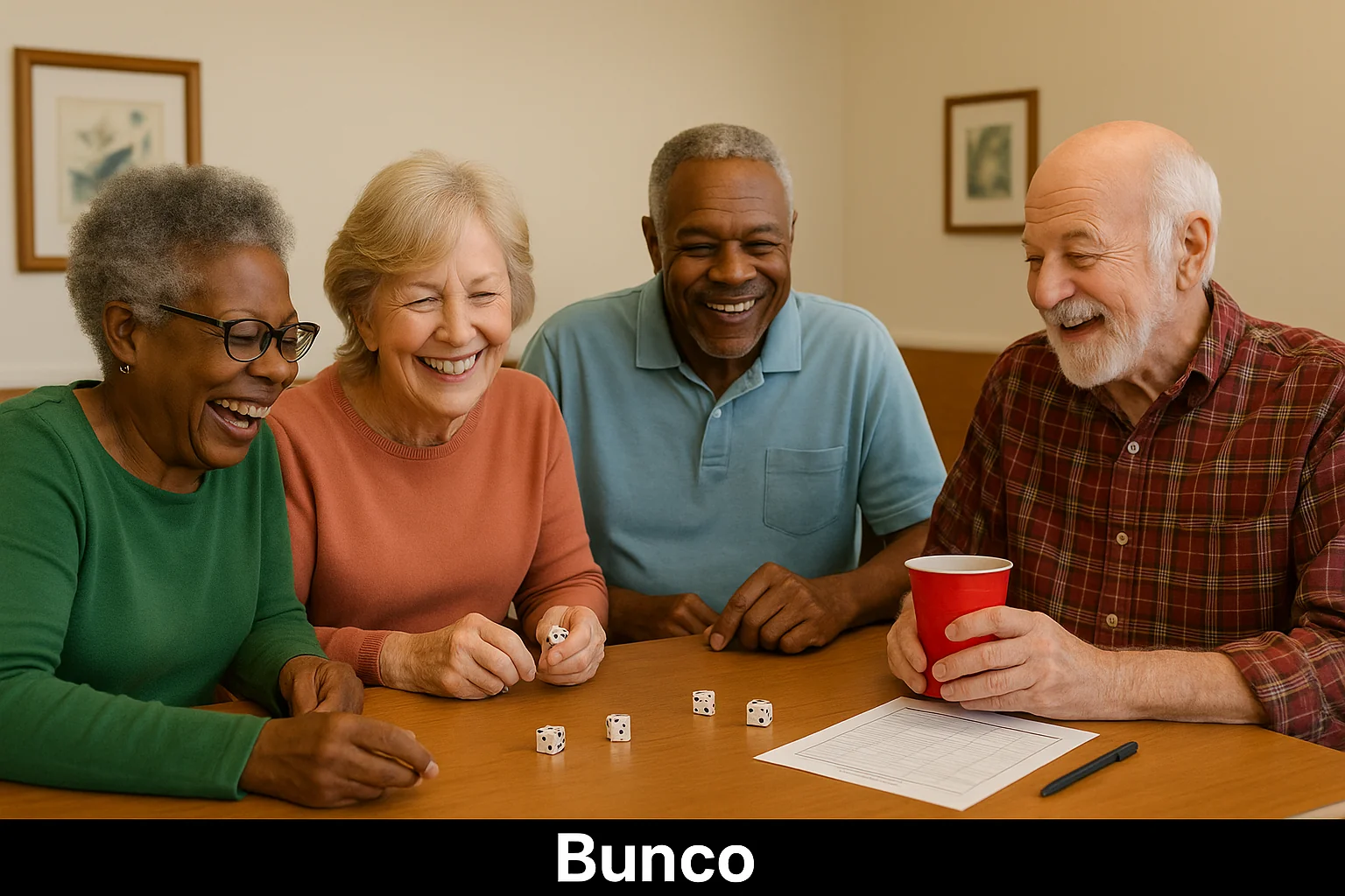 Four older adults, including both men and women, gathered around a table smiling and playing Bunco with dice in a cozy, light-filled room at Senior Connections.