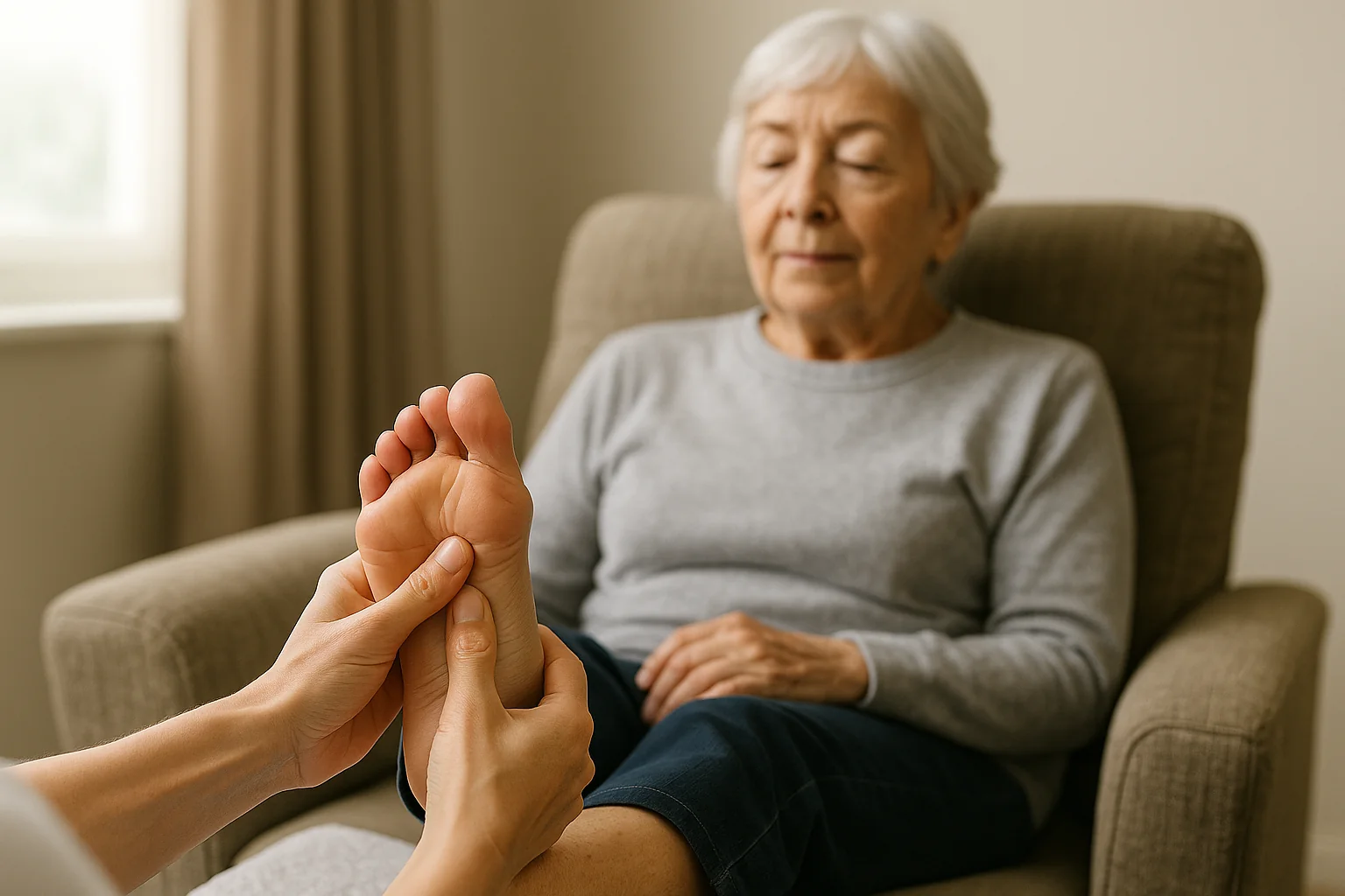 An older Caucasian woman receives a personalized reflexology treatment in a calm, supportive setting, highlighting Senior Connections’ wellness offerings for older adults.